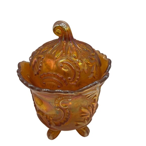 Vintage Carnival Glass Lidded Candy Dish With Embossed Paisley & Leaf Design - Picture 1 of 6